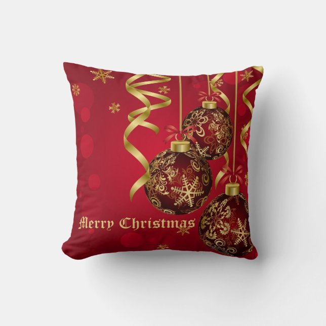 Trendy Festive Red & Golden Christmas Ornaments Cushion (Front)
