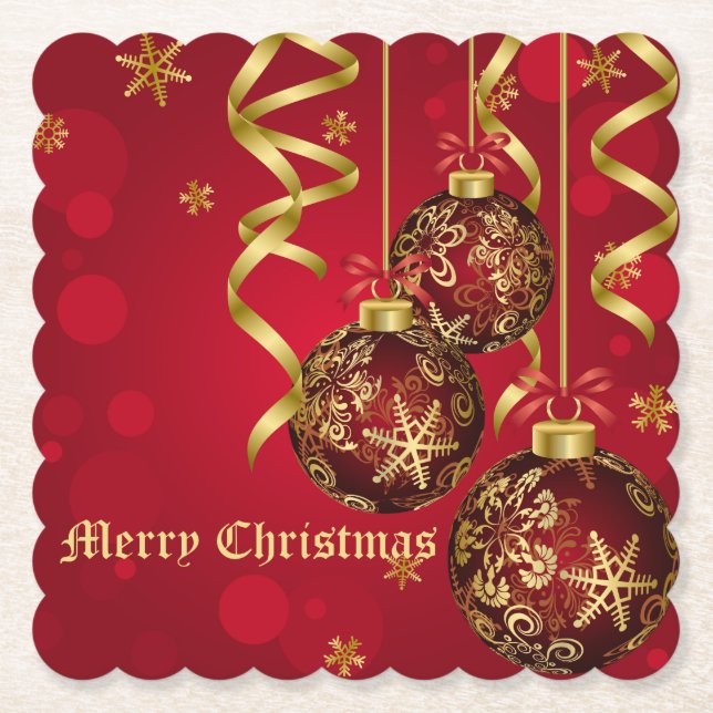Trendy Festive Red & Golden Christmas Ornaments Paper Coaster (Front)