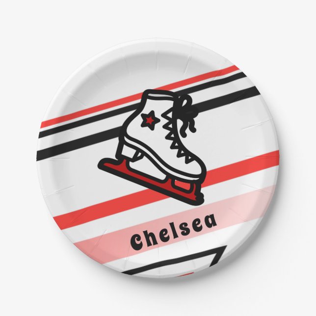 Trendy Figure Skating Girl Skates Personalised Red Paper Plate (Front)