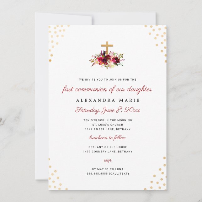 Trendy First Holy Communion Invitation for girls (Front)