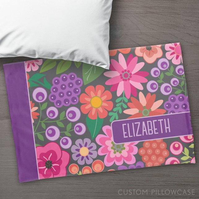 Trendy Flat Art Floral Pattern with name block Pillowcase (Custom Pillowcase)