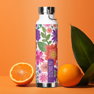 Trendy Flat Art Floral Pattern with name block Water Bottle