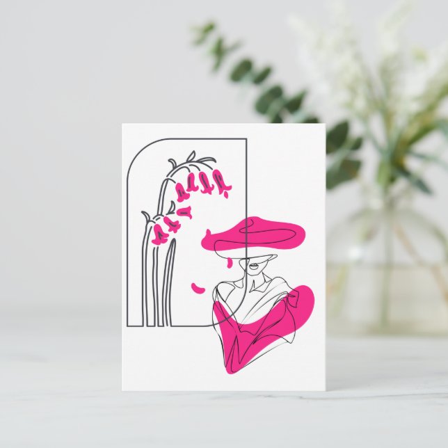 Trendy floral black and pink  line art   postcard (Standing Front)