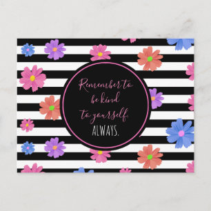 Trendy Floral Black & White Stripes Motivational Postcard