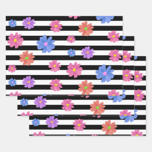 Trendy Floral Black & White Stripes Pattern Wrapping Paper Sheet