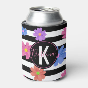 Trendy Floral Black & White Stripes Personalised Can Cooler