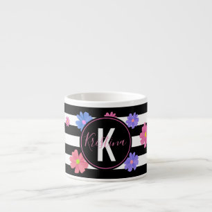 Trendy Floral Black & White Stripes Personalised Espresso Cup