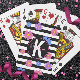 Trendy Floral Black & White Stripes Personalised Playing Cards