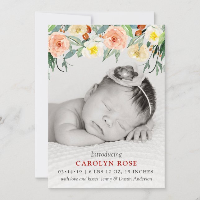 Trendy Floral Blooms Photo Birth Announcement (Front)