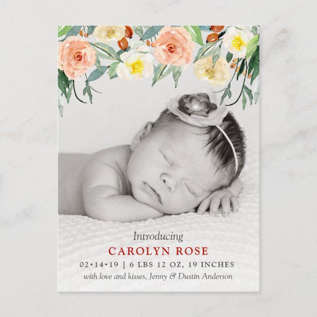 Trendy Floral Blooms Photo Birth Announcement (Front)