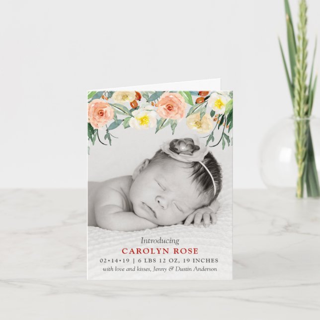Trendy Floral Blooms Photo Birth Announcement (Front)