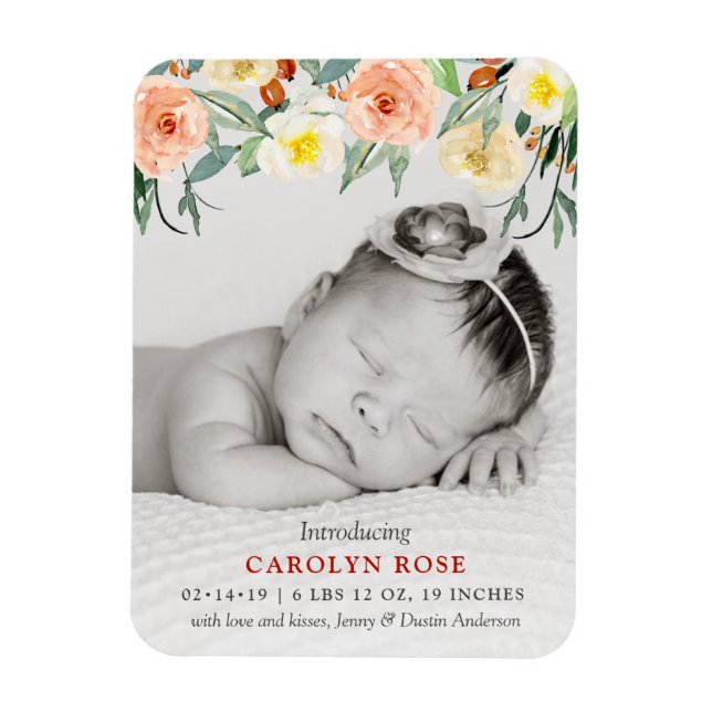 Trendy Floral Blooms Photo Birth Announcement Magnet (Vertical)