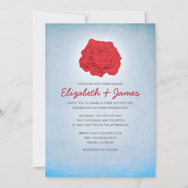 Trendy Floral Blue and Red Wedding Invitations (Front)