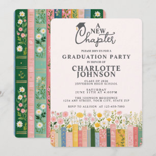 Trendy Floral Books A New Chapter Graduation Party Invitation