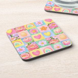 Trendy Floral Checkerboard Spring Pattern Coaster