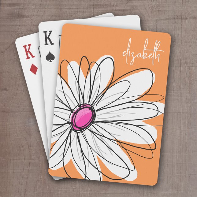 Trendy Floral Daisy Illustration - Pink and Orange Playing Cards (Whimsical Daisy Drawing with a place to add your name - personalized playing cards)