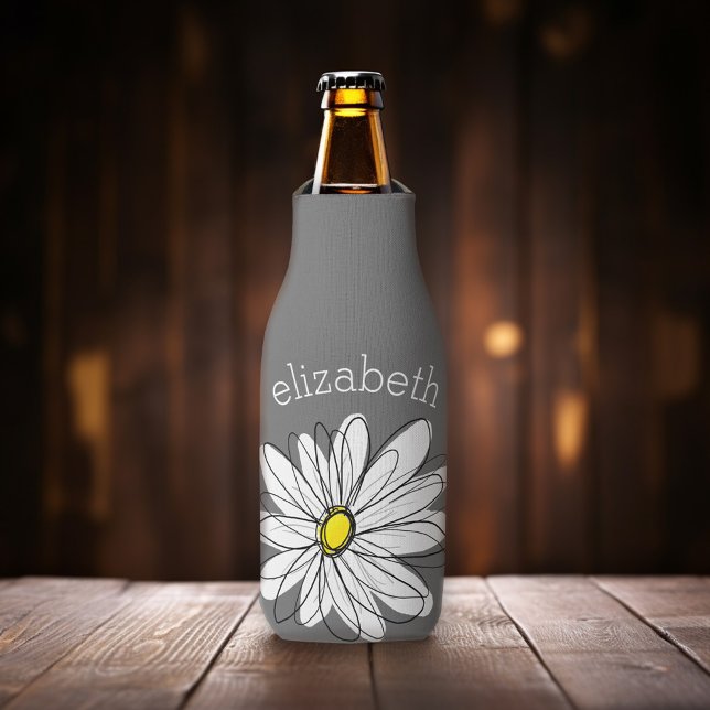 Trendy Floral Daisy with grey yellow custom name Bottle Cooler (Whimsical Daisy - Personalize this bottle cooler with your monogram.)