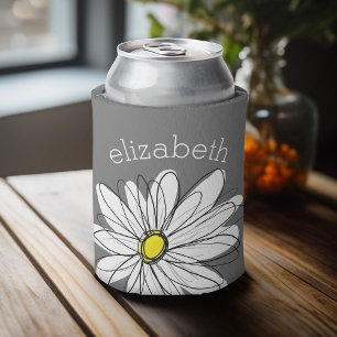 Trendy Floral Daisy with grey yellow custom name Can Cooler