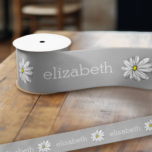 Trendy Floral Daisy with grey yellow custom name Grosgrain Ribbon