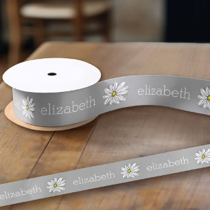 Trendy Floral Daisy with grey yellow custom name Satin Ribbon