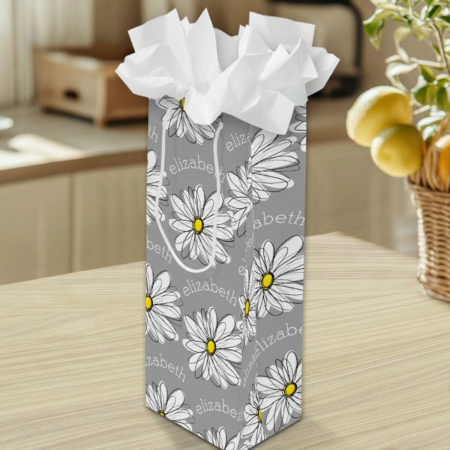 Trendy Floral Daisy with grey yellow custom name Wine Gift Bag (Custom Gift Bag )