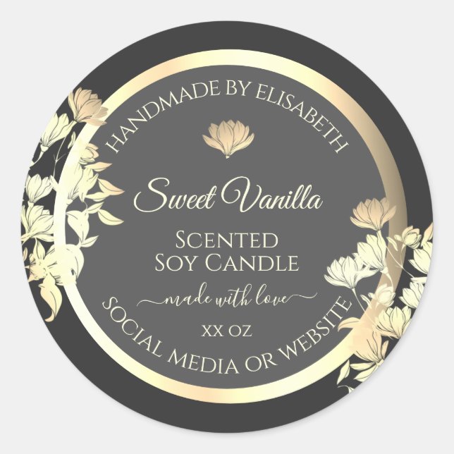 Trendy Floral Grey Packaging Labels and Gold Frame (Front)