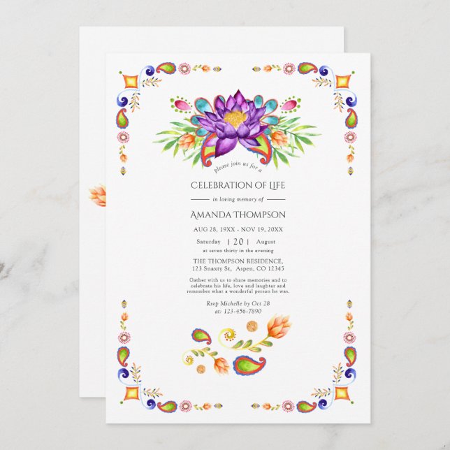 Trendy Floral Paisley Indian Celebration of Life Invitation (Front/Back)