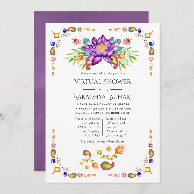 Trendy Floral Paisley Indian Virtual Shower Invitation (Front/Back)
