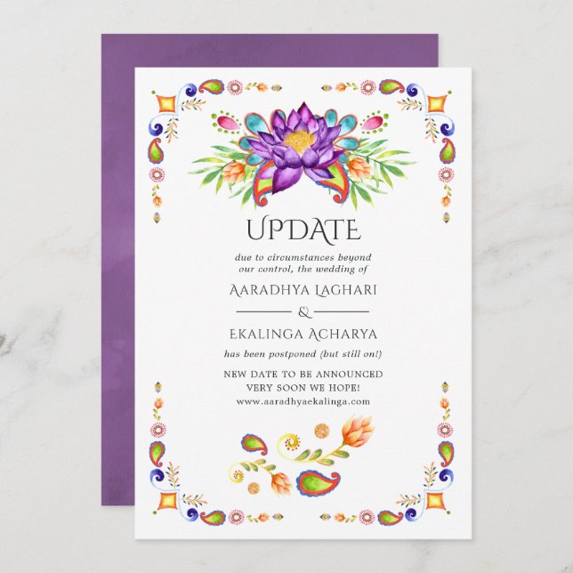 Trendy Floral Paisley Indian Wedding Update Invitation (Front/Back)