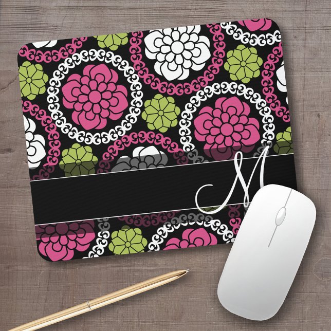 Trendy Floral Pattern Hot Pink and Black Monogram Mouse Pad (Personalized mousepad - add your photos and custom text)
