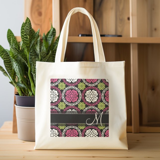 Trendy Floral Pattern Hot Pink and Black Monogram Tote Bag (Personalized tote bag with custom text)