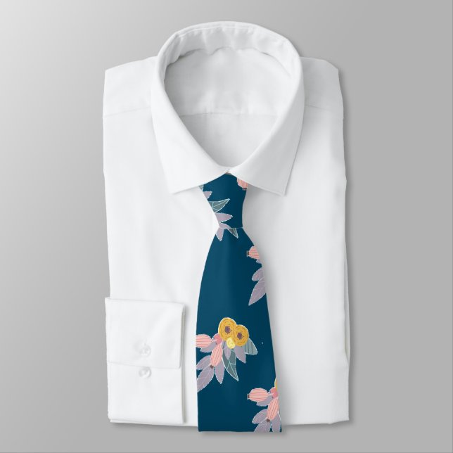 Trendy floral pattern on navy blue tie (Tied)