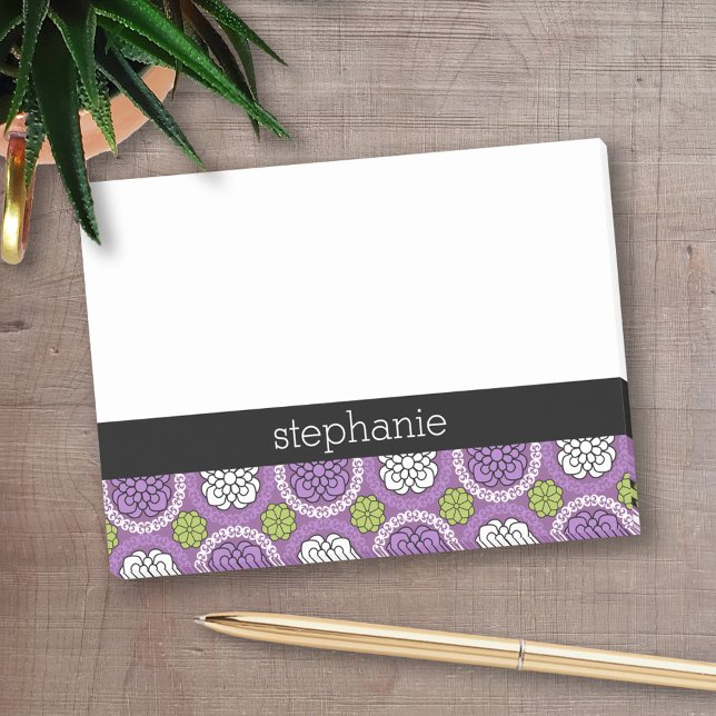 Trendy Floral Pattern - Orchid Purple Lime Green Post-it Notes (Personalized Post-It Notes - add name or other text)