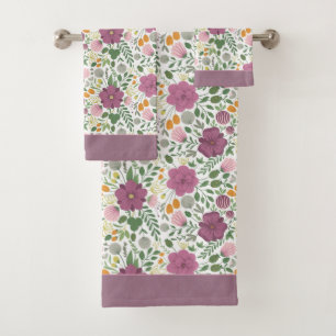 Trendy Floral Pattern Pink Yellow Purple Greenery Bath Towel Set