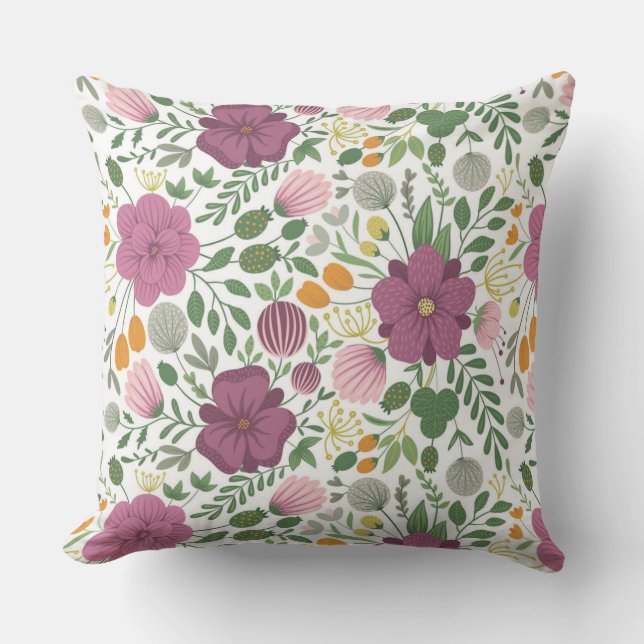 Trendy Floral Pattern Pink Yellow Purple Greenery Cushion (Front)