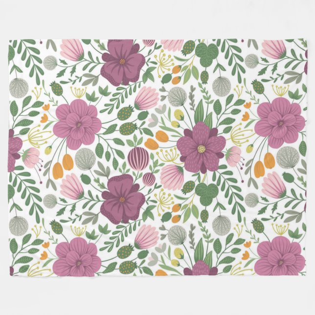 Trendy Floral Pattern Pink Yellow Purple Greenery  Fleece Blanket (Front (Horizontal))
