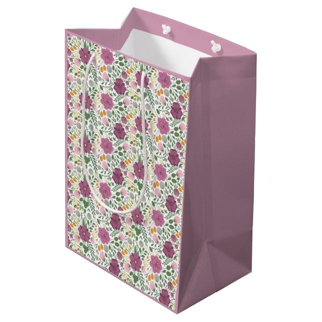 Trendy Floral Pattern Pink Yellow Purple Greenery  Medium Gift Bag (Back Angled)