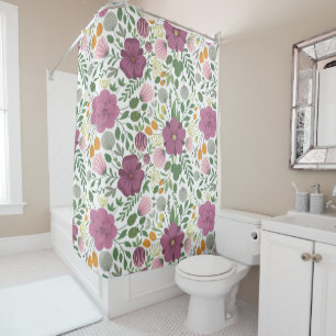 Trendy Floral Pattern Pink Yellow Purple Greenery  Shower Curtain