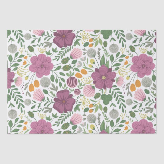 Trendy Floral Pattern Pink Yellow Purple Greenery  Tissue Paper (Front)
