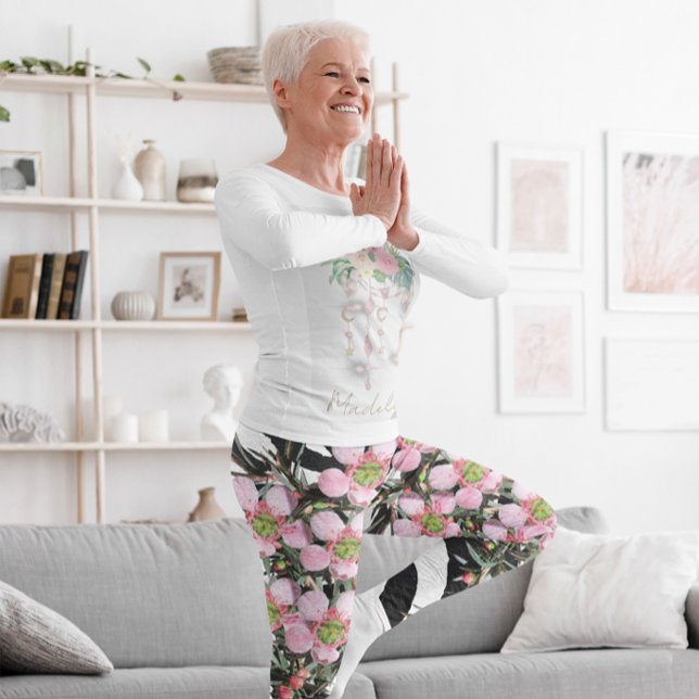 Trendy Floral Pink  Black White Pattern Monogram Leggings (Creator Uploaded)