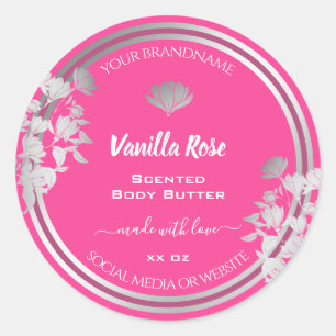 Trendy Floral Pink Product Packaging Labels Silver