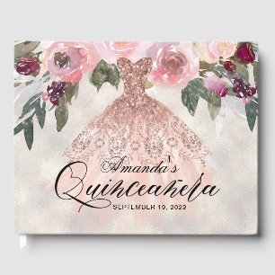 Trendy Floral Rose Gold Gown Quinceañera Guest Book