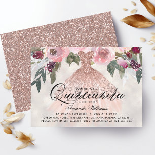 Trendy Floral Rose Gold Gown Quinceañera Invitation
