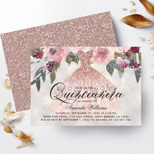 Trendy Floral Rose Gold Gown Quinceañera Invitation (Creator Uploaded)
