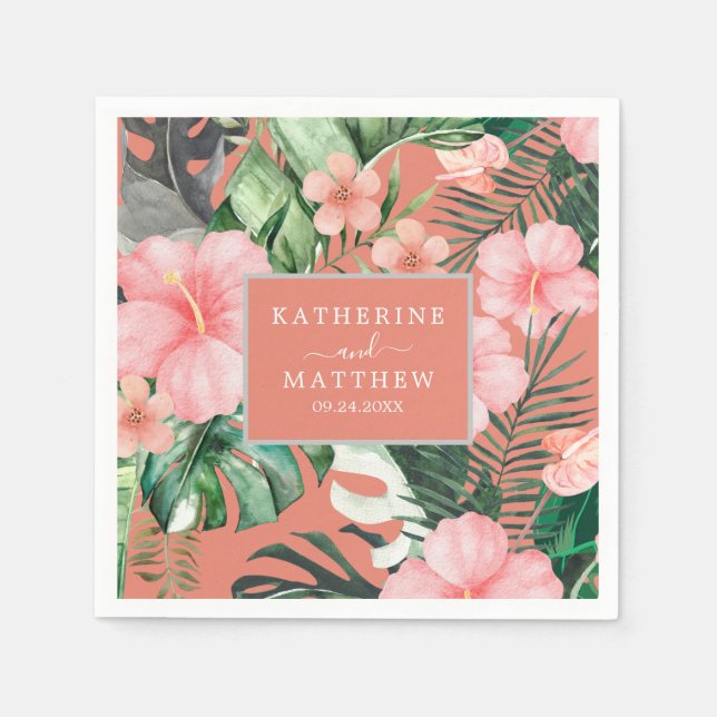 Trendy Floral Watercolor Tropical Greenery Wedding Napkin (Front)