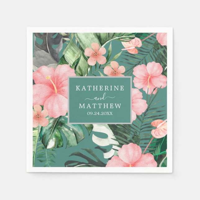 Trendy Floral Watercolor Tropical Greenery Wedding Napkin (Front)