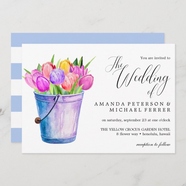 Trendy Flower bucket of tulips wedding Invitation (Front/Back)