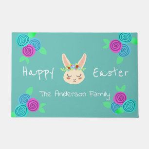 Trendy Flower Crown Rabbit Happy Easter Doormat