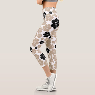Trendy Flower Pattern in Taupe, Black and White Capri Leggings