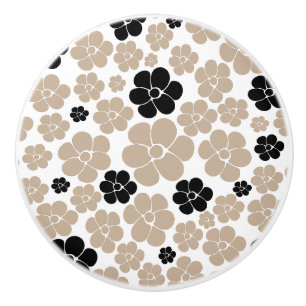 Trendy Flower Pattern in Taupe, Black, and White Ceramic Knob